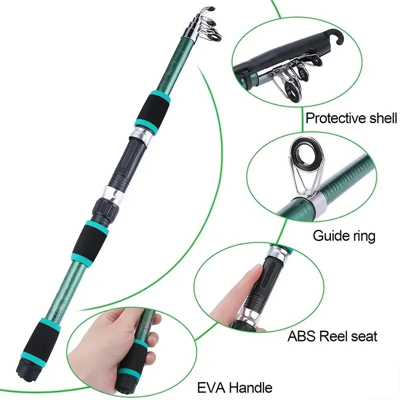 Kit Completo de Pesca BRAVMACK - Caña Telescópica 1.8m con Carrete Giratorio, Señuelos y Accesorios