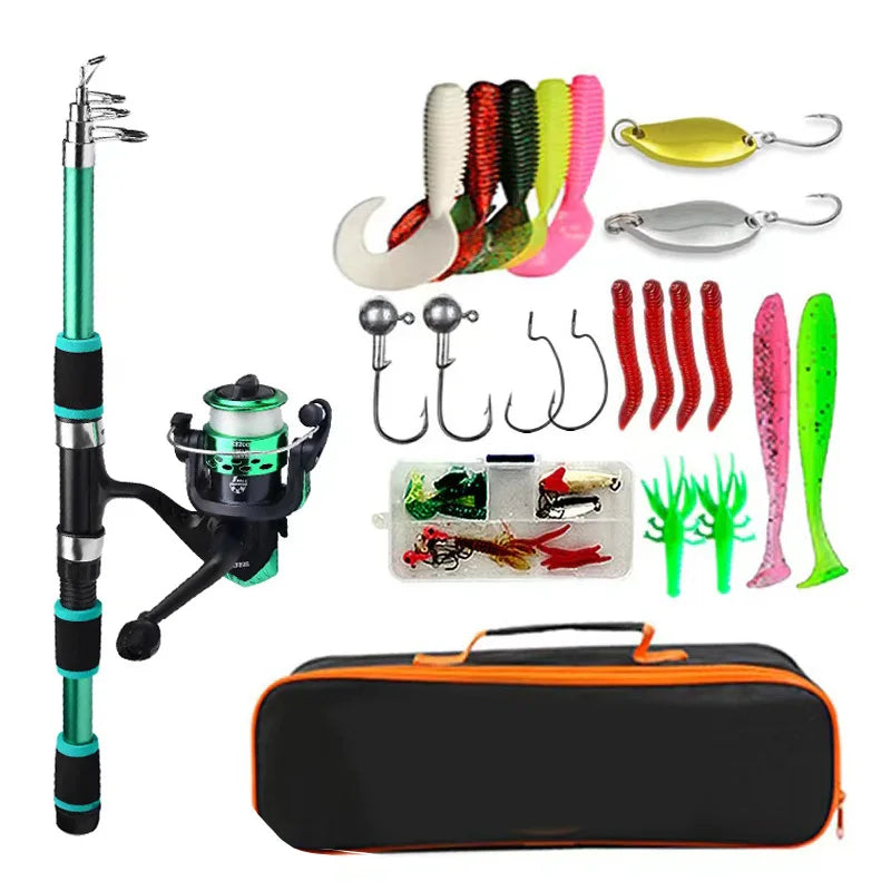 Kit Completo de Pesca BRAVMACK - Caña Telescópica 1.8m con Carrete Giratorio, Señuelos y Accesorios